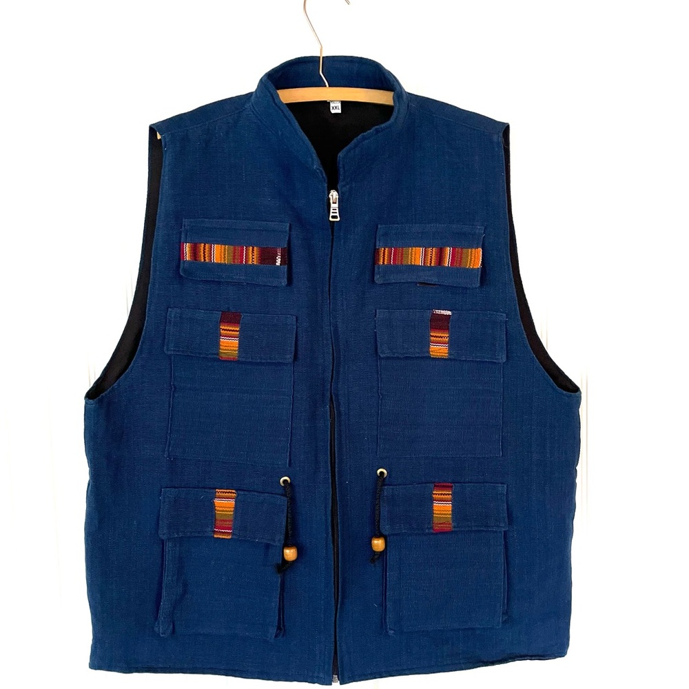 Men's Blue Guatemalan Utility Vest Multicolor Woven Striped Colorful Pockets XXL